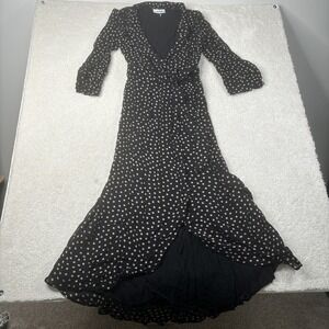 Ganni Georgette Dress Women's Size 38 Black White Polka Dot 3/4 Sleeve Midi Wrap